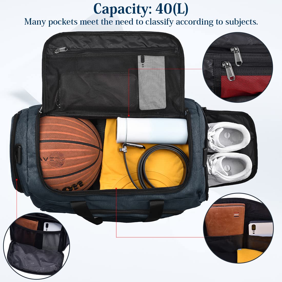 NUBILY Sac de Sport Homme Sac de Voyage avec Compartiment à Chaussures Grande Capacité Imperméables Weekender Sac Gym Fitness Sac Bandoulière pour Hommes Femmes Sac à Main 40L