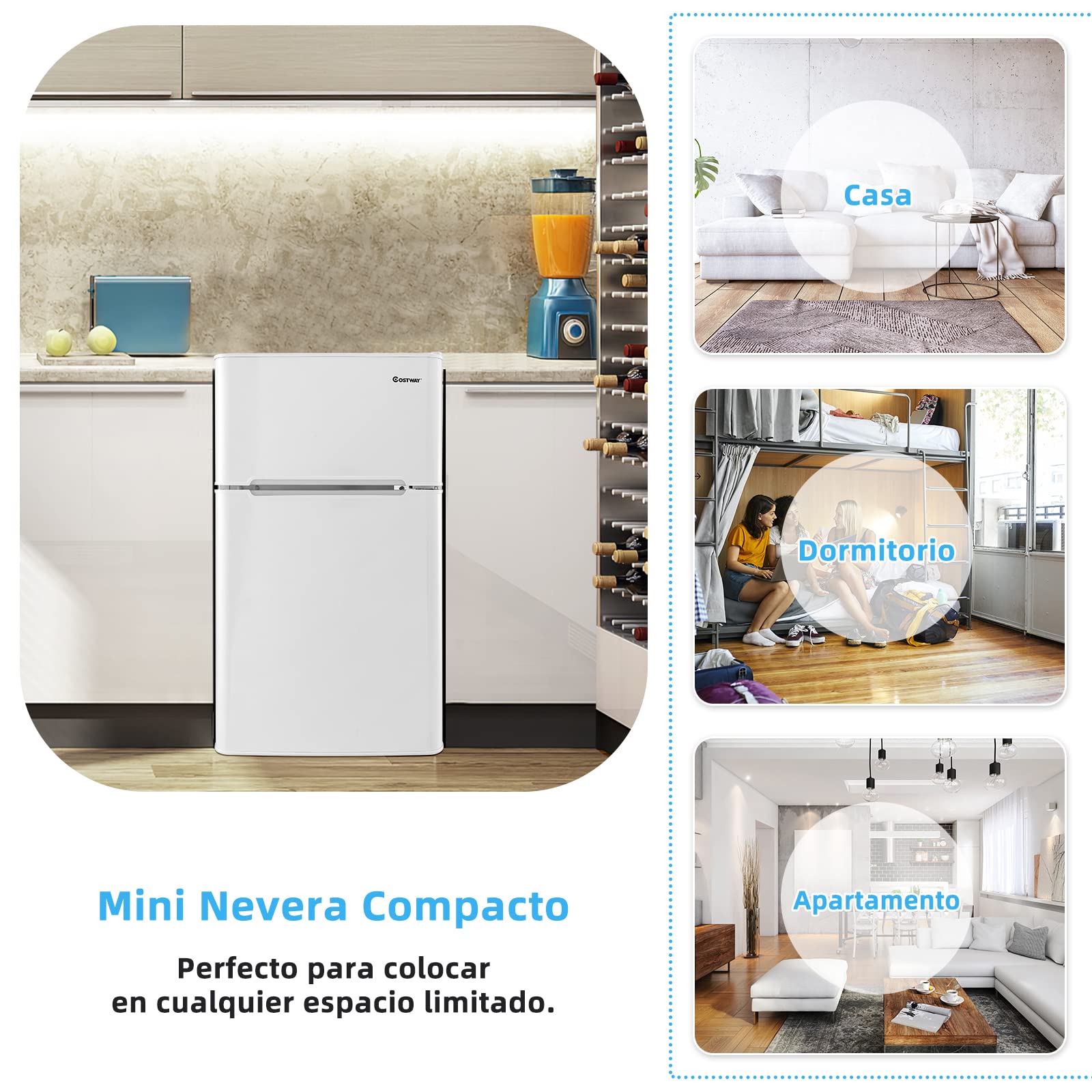 COSTWAY Frigorífico Compacto, Mini Nevera 90 L, Congelador Separado con 2 Puertas, Luz LED de Amplio Ángulo, Ahorro Energético, Refrigeración Rápida, Puerta Reversible Silencioso (Blanco)