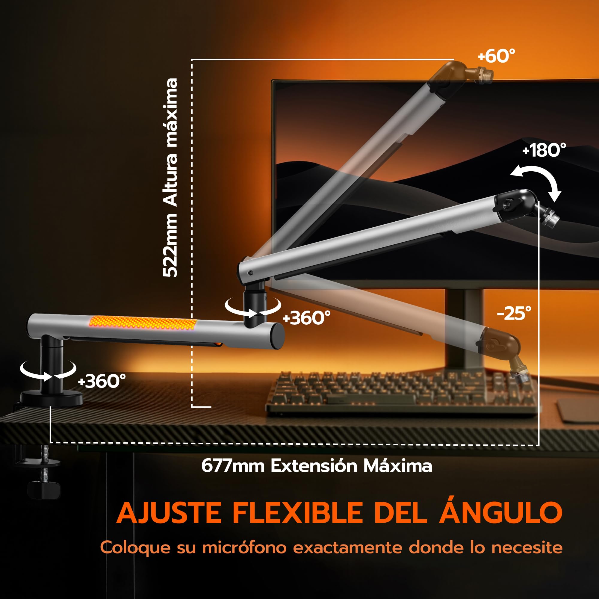 ARES WING Brazo de micrófono para videojuegos con luz RGB | soporte para micrófono con brazo giratorio giratorio de 360°, compatible con adaptador de 3/8" a 5/8", ideal para podcast