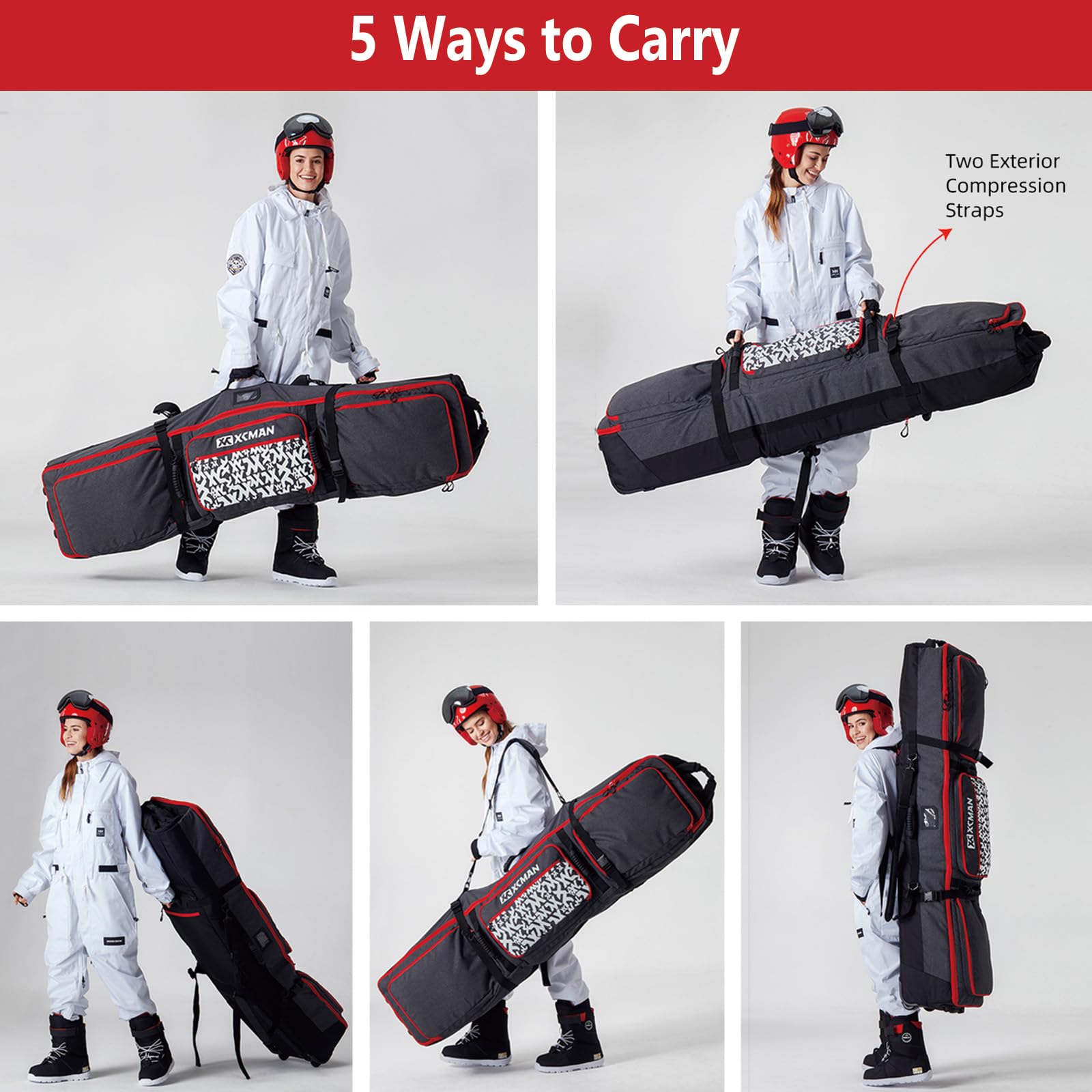 XCMAN - Bolsa de Snowboard con Ruedas, Longitud Ajustable para Viajes en avión, Extra Larga/Ancha/Profunda, Impermeable, con Varillas de protección ABS y Lomo de protección PP - Versión 2020