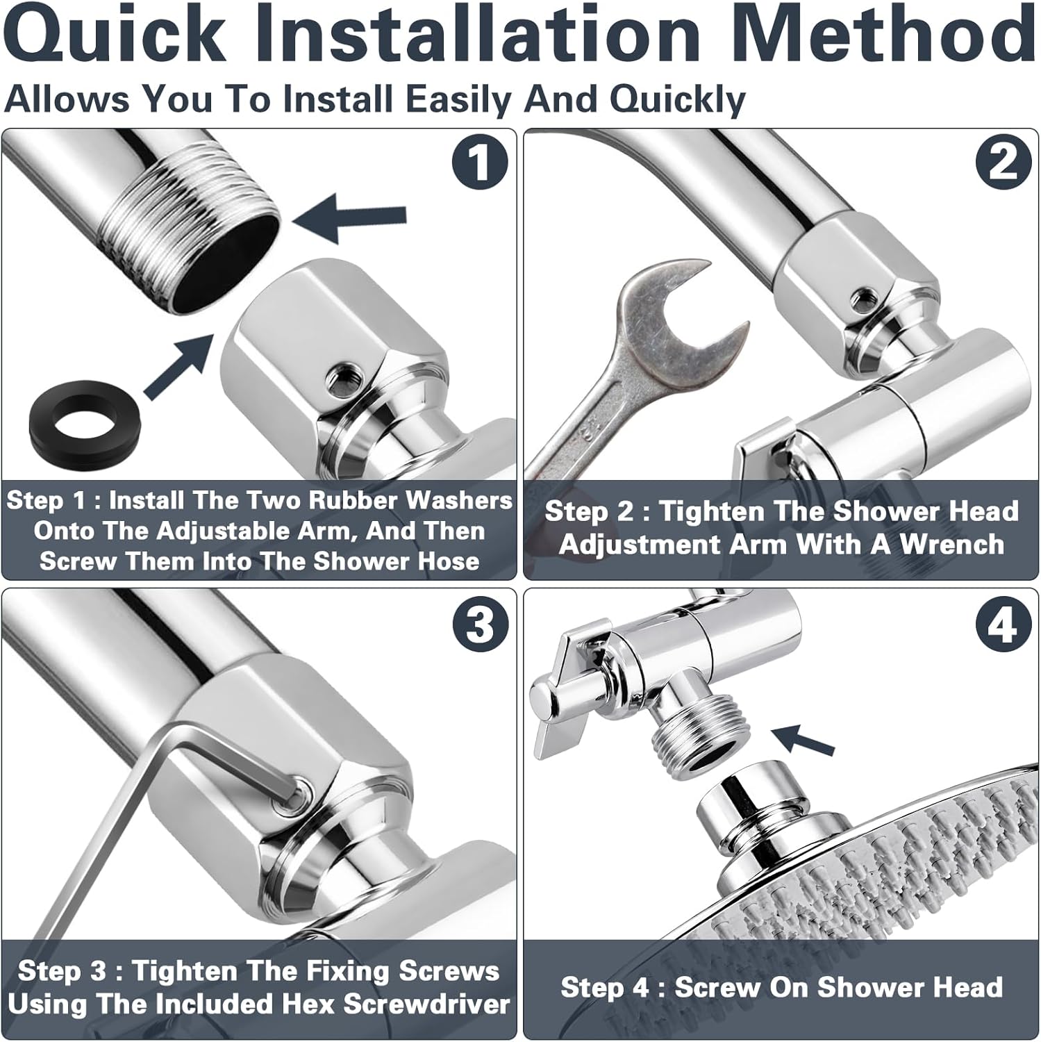 Adjustable Shower Head Extension Adapter Shower Head Elbow Adapter 360° Rotating Extension Connector,Universal G1/2 304 Stainless Steel Shower Arm Extention for Fixed and Rain Shower Head (Chrome)