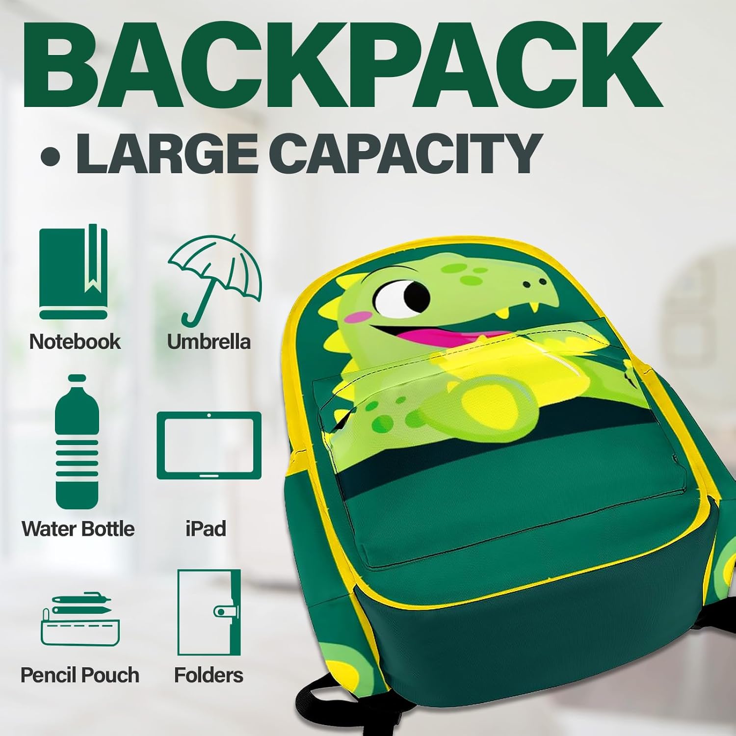 Dinosaur Backpack for Boys Girls, Dinosaur Bookbag for Preschool Kindergarten Elementary, 16.5 Inch Kids Cartoon Backpack - Image 3