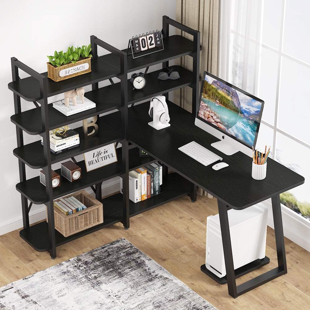 Tribesigns 55" Large Computer Desk with 10 Storage Shelves, Office Desk Study Table with Etagere Bookcase, Writing Desk Workstation with Hutch Bookshelf for Home Office (Black)