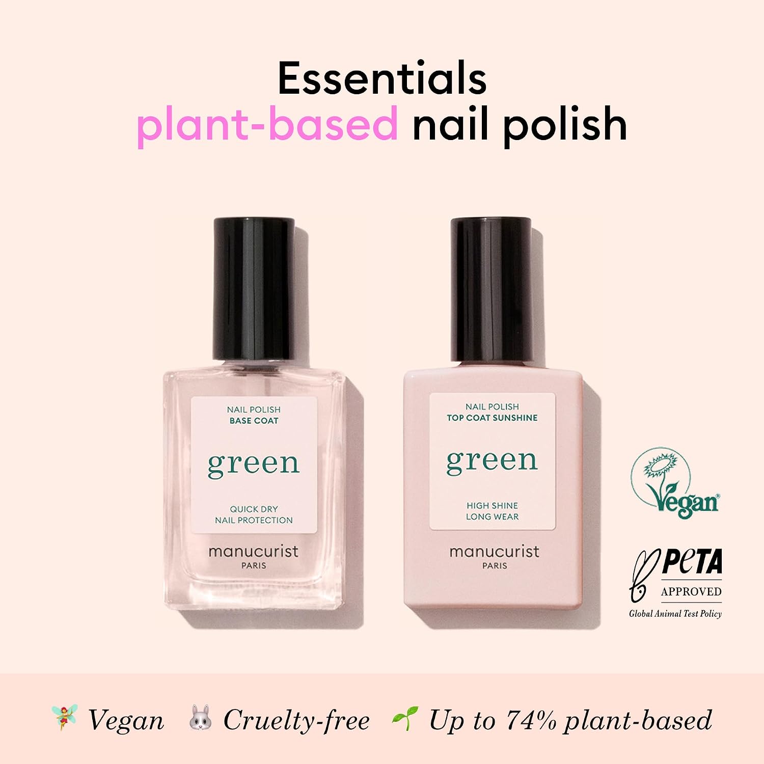 Manucurist Green Duo Set – Base Coat & Sunshine Top Coat – Vegan 12-Free Nail Polish System – Plant-Based Formulas – Made in France – 2 x 0.5 fl oz