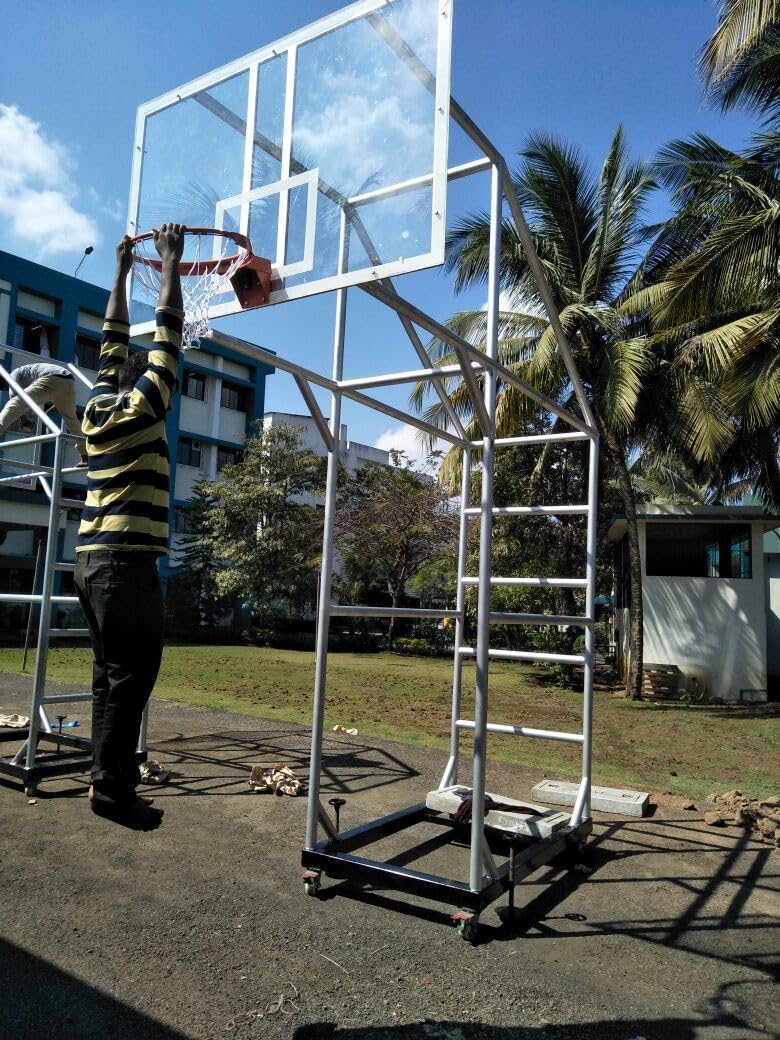 QUALITY SPORTS Basketball Movable Pole with Trolley Base β Heavy Duty MS Frame, 10ft Height, Acrylic Backboard 1.5m x 1.08m, Dunking Ring & Net, PP Wheels, Silver Finish 3