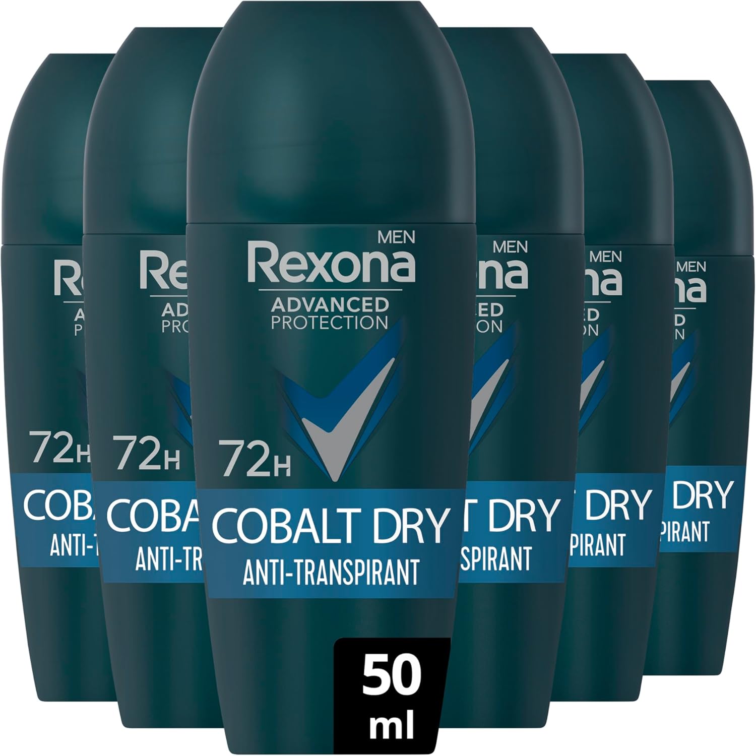 REXONA MEN Déodorant Sec Homme Cobalt – Bille Anti-Transpirante – Protection Avancée – Parfum Elégant et Frais – Protection 72 Heures (Pack de 6 x 50 ml)