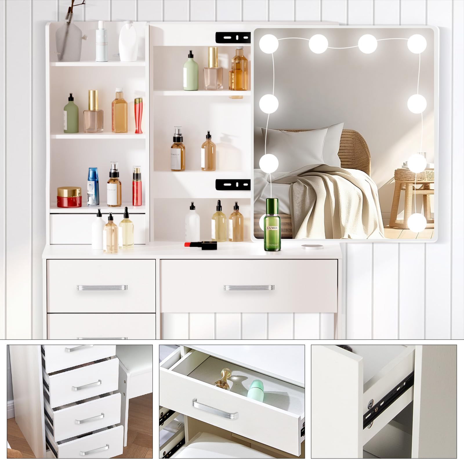 Tocador de Maquillaje con Luces y Espejo, 3 Modos de luz, Tocador con Taburete y 6 Cajones + 6 Estantes, MDF Blanco para Dormitorio, 80x36x130 cm