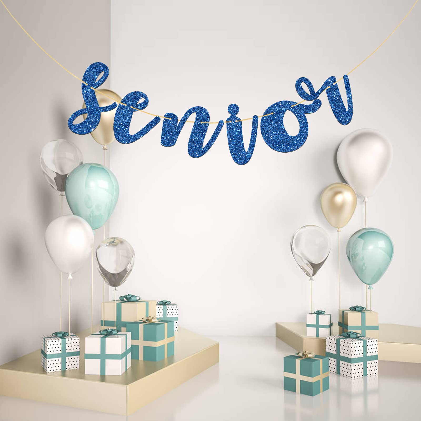 Blue Glitter Congrats Master Banner - Graduation Party Decor Bunting Sign For High School Or College Grads