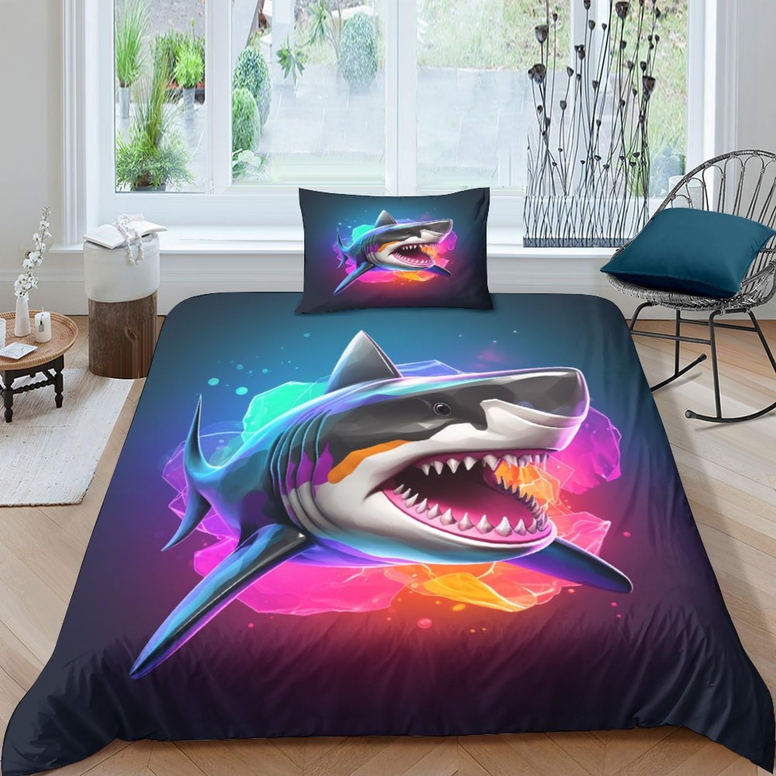 Housse de couette requins 3D respirante anti-transpiration pour lit single