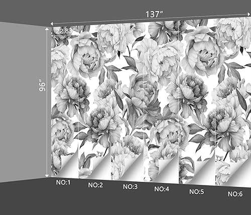 Miniatura 4 de Papel tapiz floral de peonía gris para dormitorio, flores botánicas en blanco y negro, murales de hojas, decoración estética de habitación, sala de