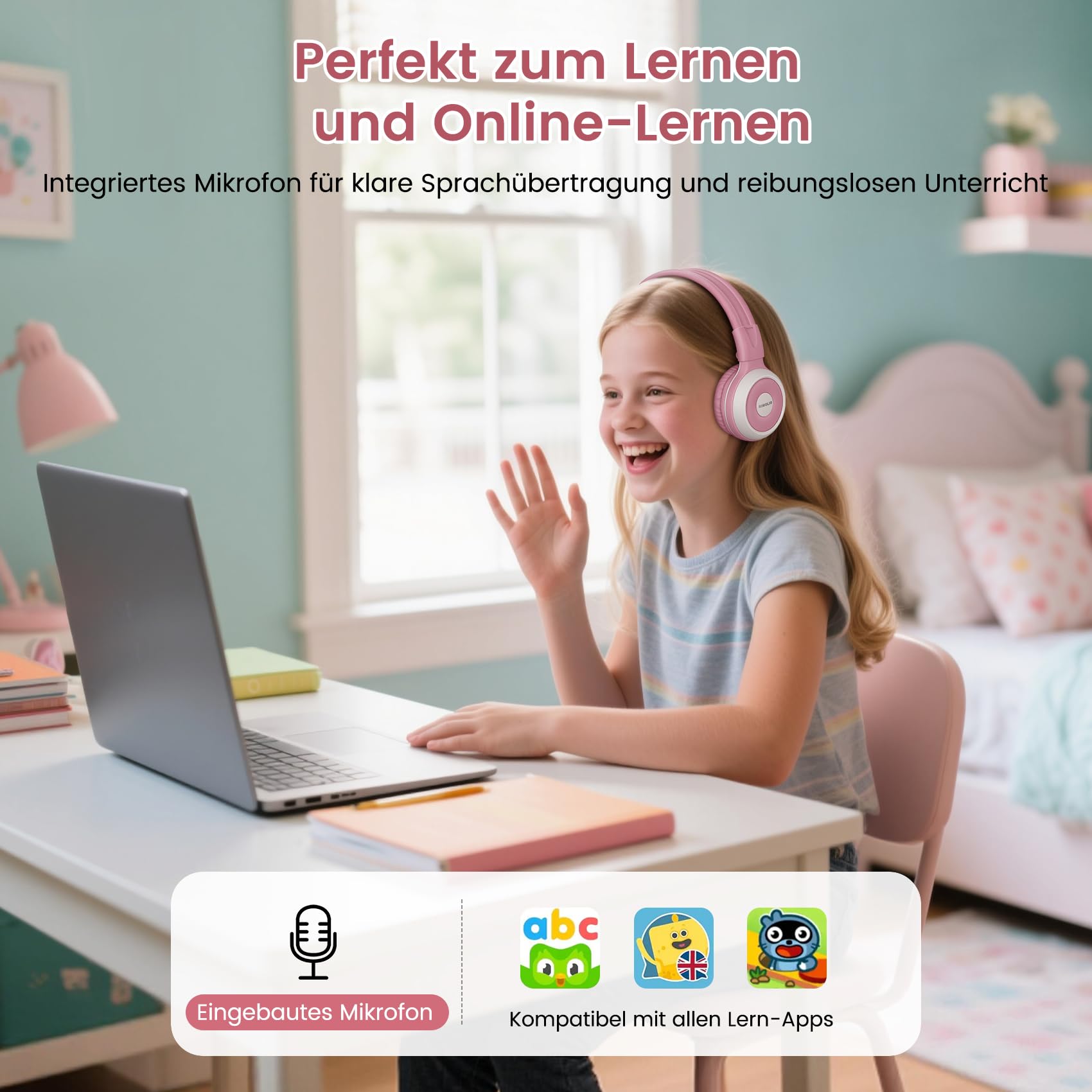 SIMOLIO AuraCast Bluetooth Kopfhörer Kinder, Gemeinsames Kabelloses Audio-Sharing, Kompatibel mit Jedem Einzelnen Bluetooth-Gerät für Familie, Unterricht & Reisen, mit Integriertem Mikrofon, Klappbar