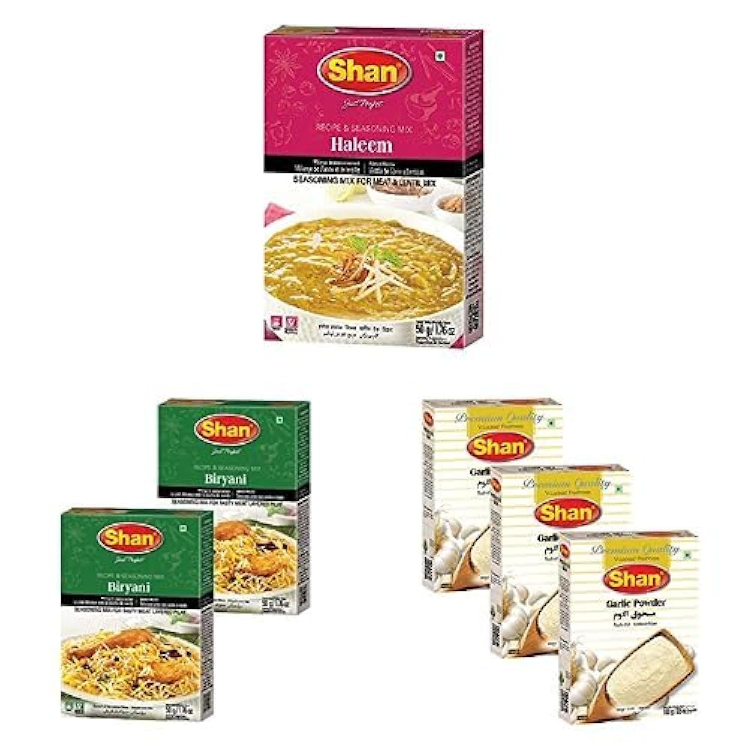 Shan Masala Packs - Haleem Masala Mix - 50 gm, Meat Masala Mix - 100 gm & Fish Seasoning Mix - 50 gm