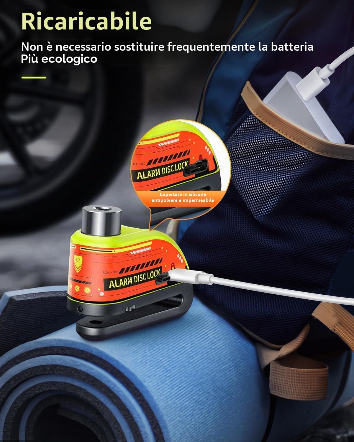 ZEXMTE Allarme a disco ricaricabile per moto, 120 dB, con cavo promemoria da 1,8 m, rinforzato, impermeabile, ad alta sicurezza, per moto, bici, scooter, e-bike, verde