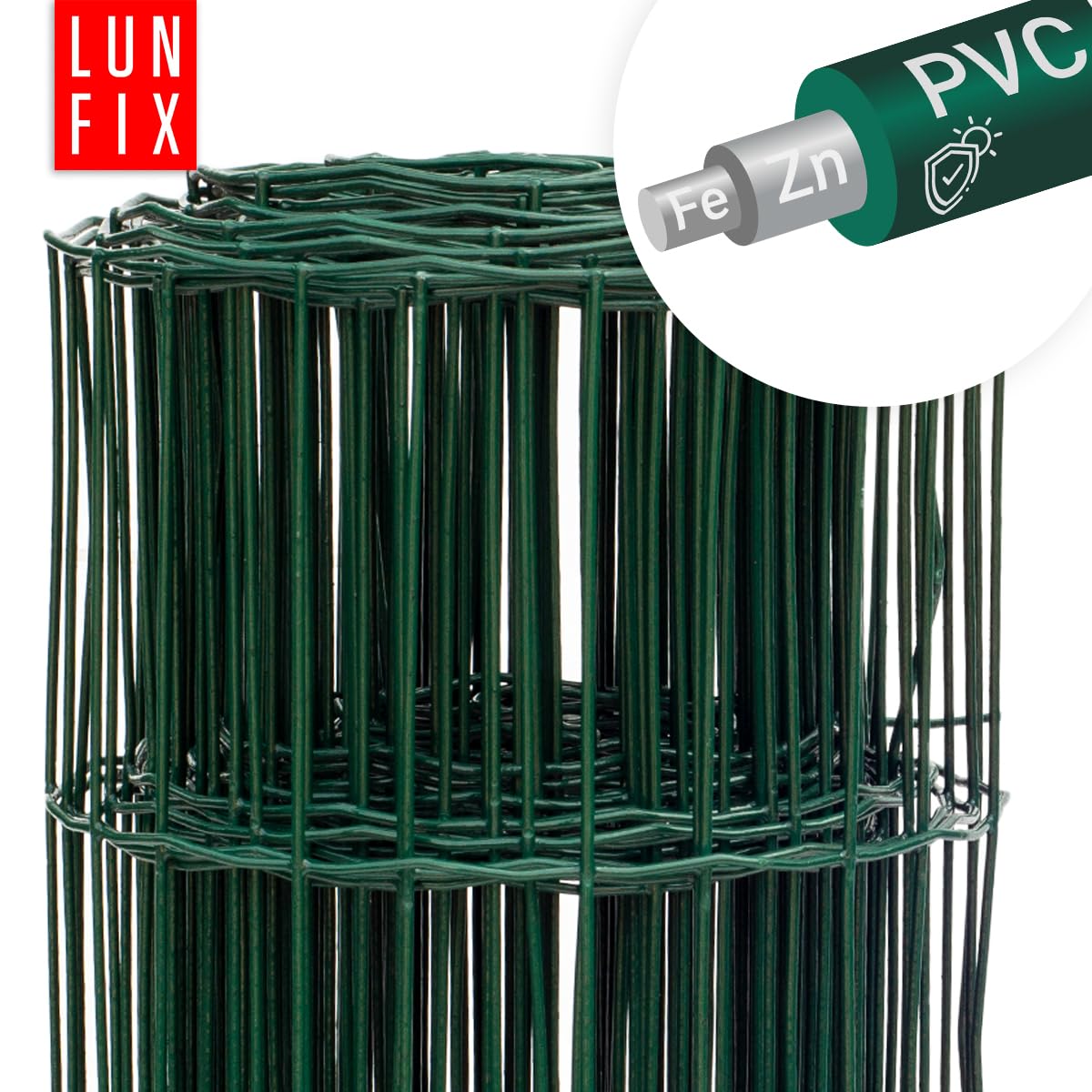 Valla de alambre - acero galvanizado verde revestido de PVC, 10 x 10 cm, Ø 2,1 mm, 1,5 m x 20 m, valla de jardín, valla para perros, valla de caza, valla de gallinas, malla de alambre soldada, Lun Fix