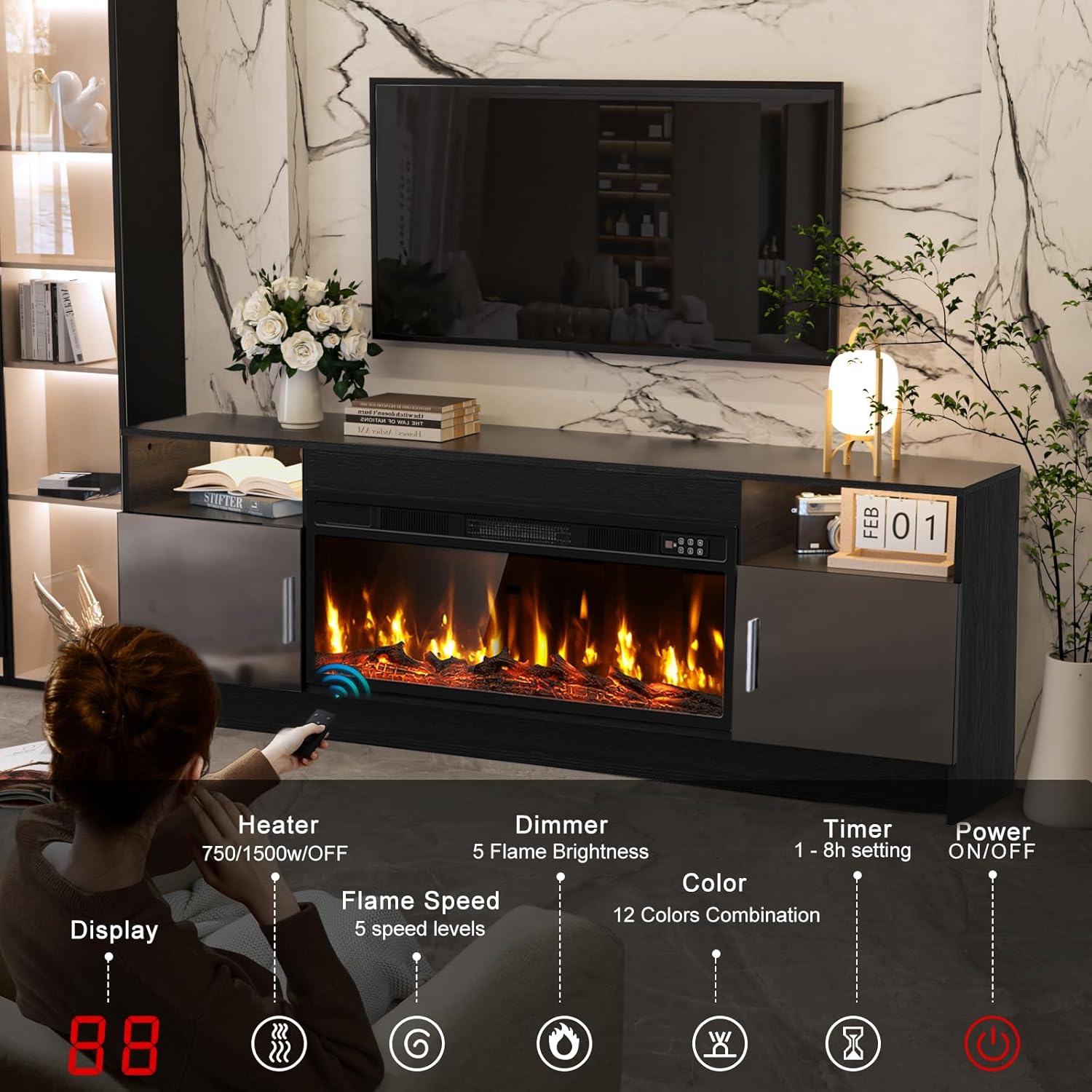 Kucreiheat Black TV Stand with Fireplace, Led Lights-Entertainment Center for Up to 80 inch TV-Modern TV Console for Living Room with Storage Cabinet, Faux Log Fireplace TV Stand