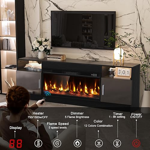 Miniatura 5 de Soporte de TV negro con chimenea, luces LED, centro de entretenimiento para TV de hasta 80 pulgadas, consola de TV moderna para sala de estar con