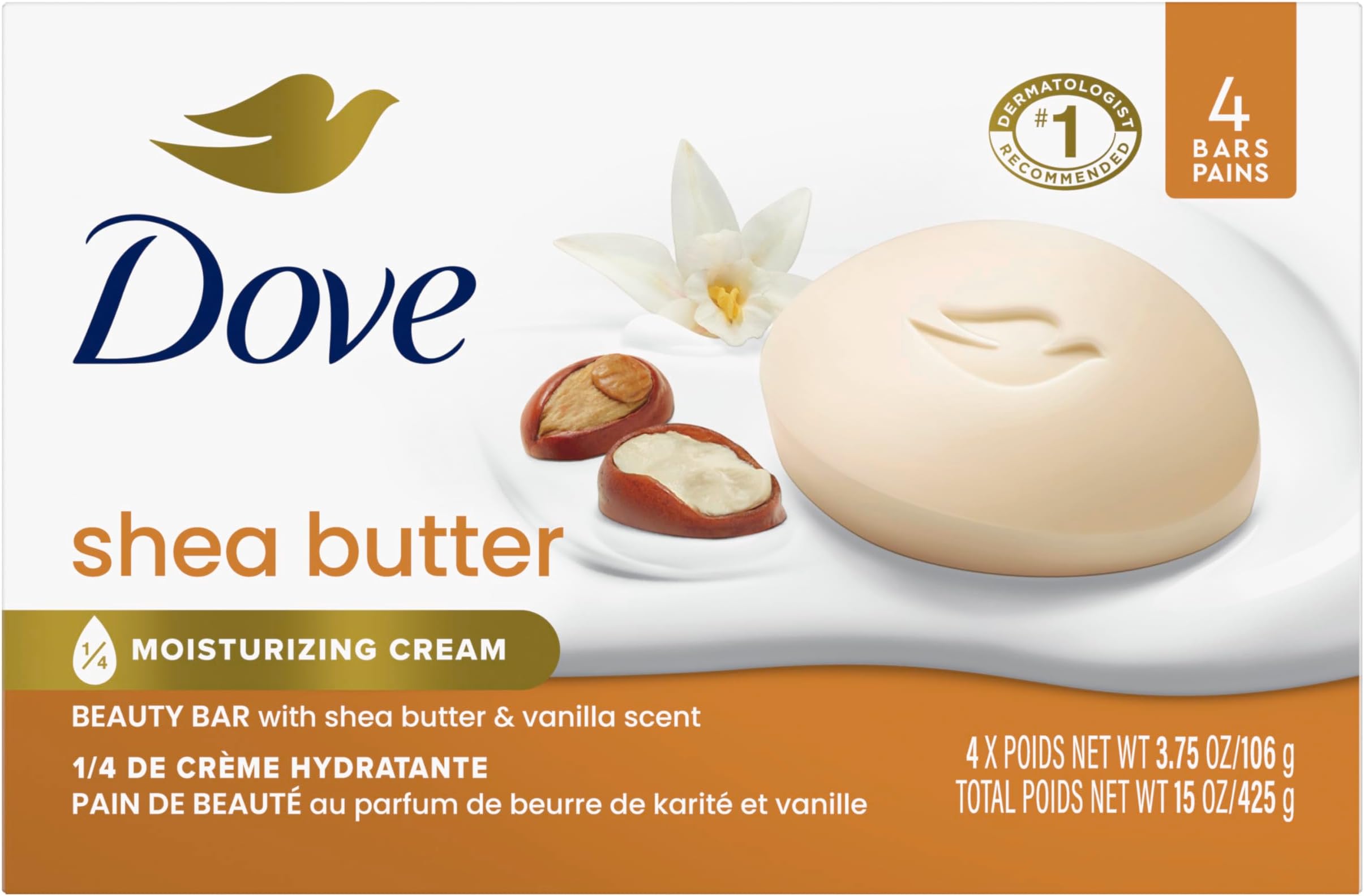 Dove Beauty Bar Soap Shea Butter 4 Count for Nourished, Radiant Skin, Enriches Skin 3.75 oz