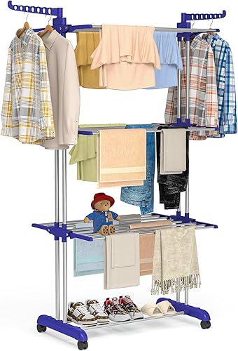 Vista 9 de Bigzzia Estante de secado de ropa de 3 niveles, estante de secado de lavandería de 57 pulgadas, estante plegable de acero inoxidable para niños, Gris