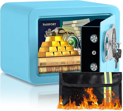 Miniatura 1 de Caja fuerte de 0.23 pies cúbicos, pequeña caja fuerte con bolsa ignífuga, llaves y código de pase, caja de seguridad electrónica digital para