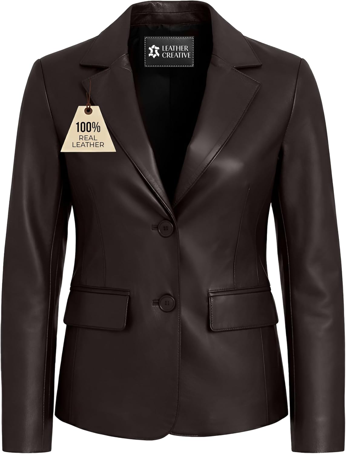 Lambskin Leather Blazer Women – Premium Women Leather Jacket with Notched Lapel, Long Sleeves, Flap Pockets