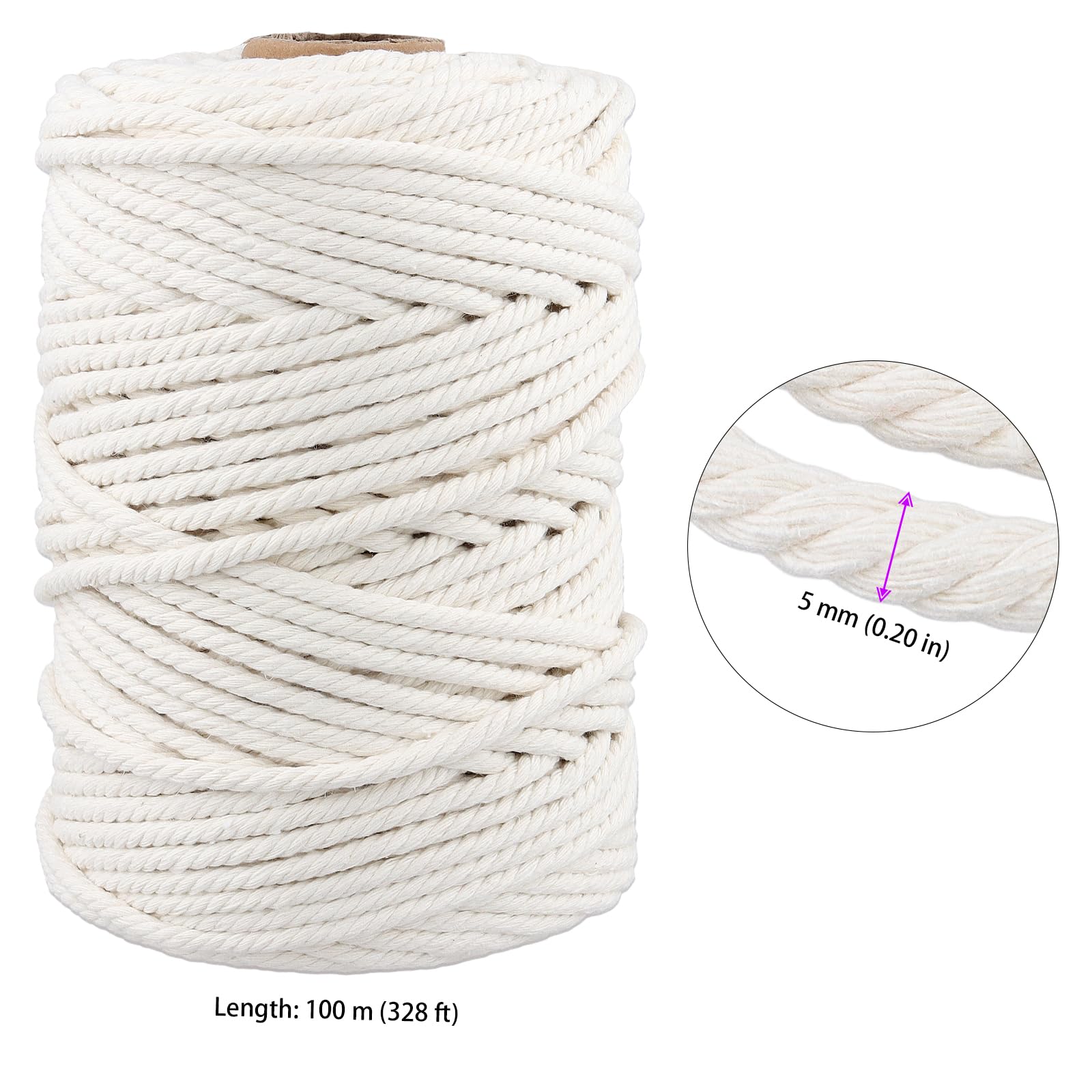 MANCHAP 4 rollos de cordón de macramé blanco de 5 mm, cuerda de algodón de 100 m para manualidades, tejer, decoración