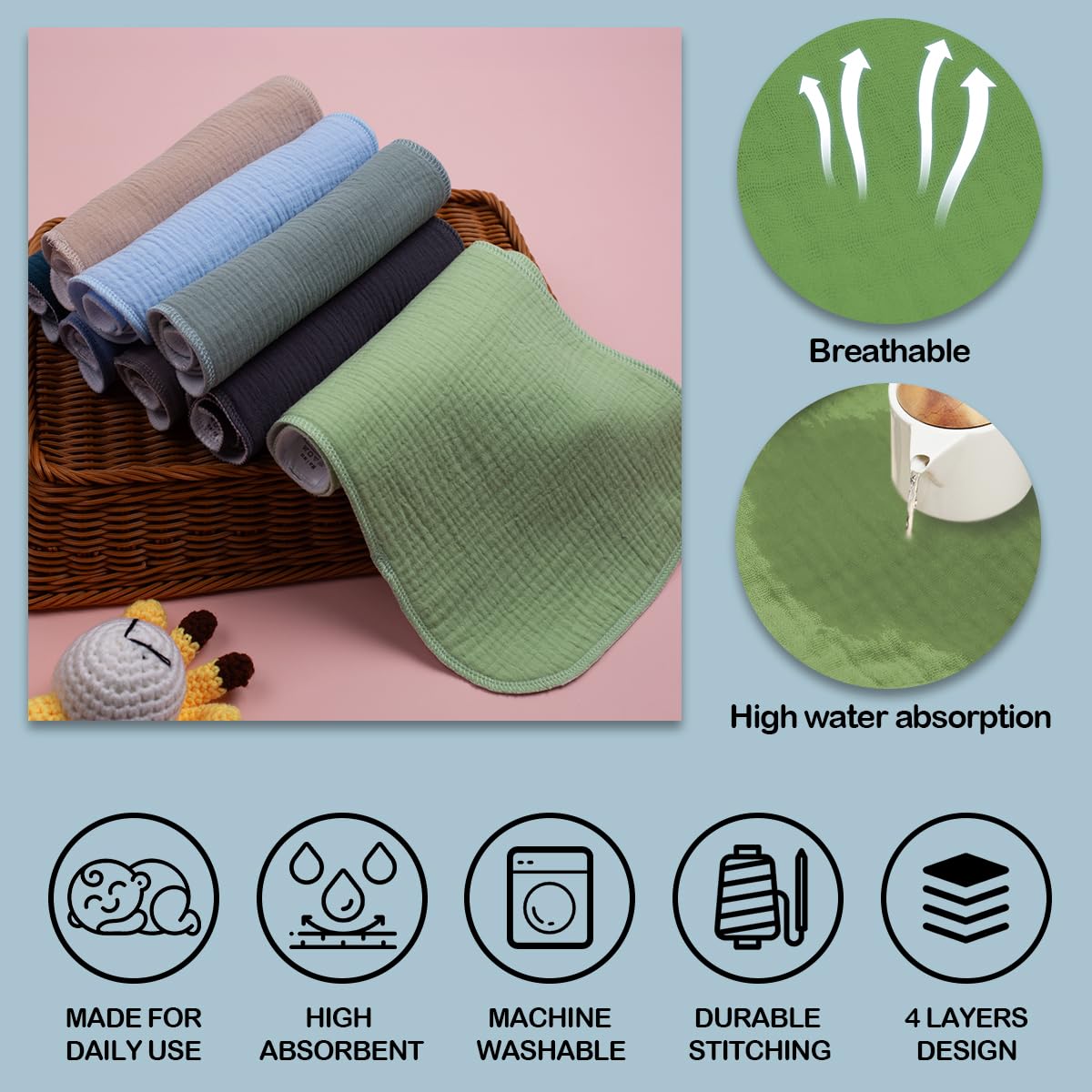 Maiwamita 8 Pack Muslin Burp Cloths Baby Boy & Girl soft Absorbent Burping Cloths for Babies Newborn Spit Up Rags - Image 4