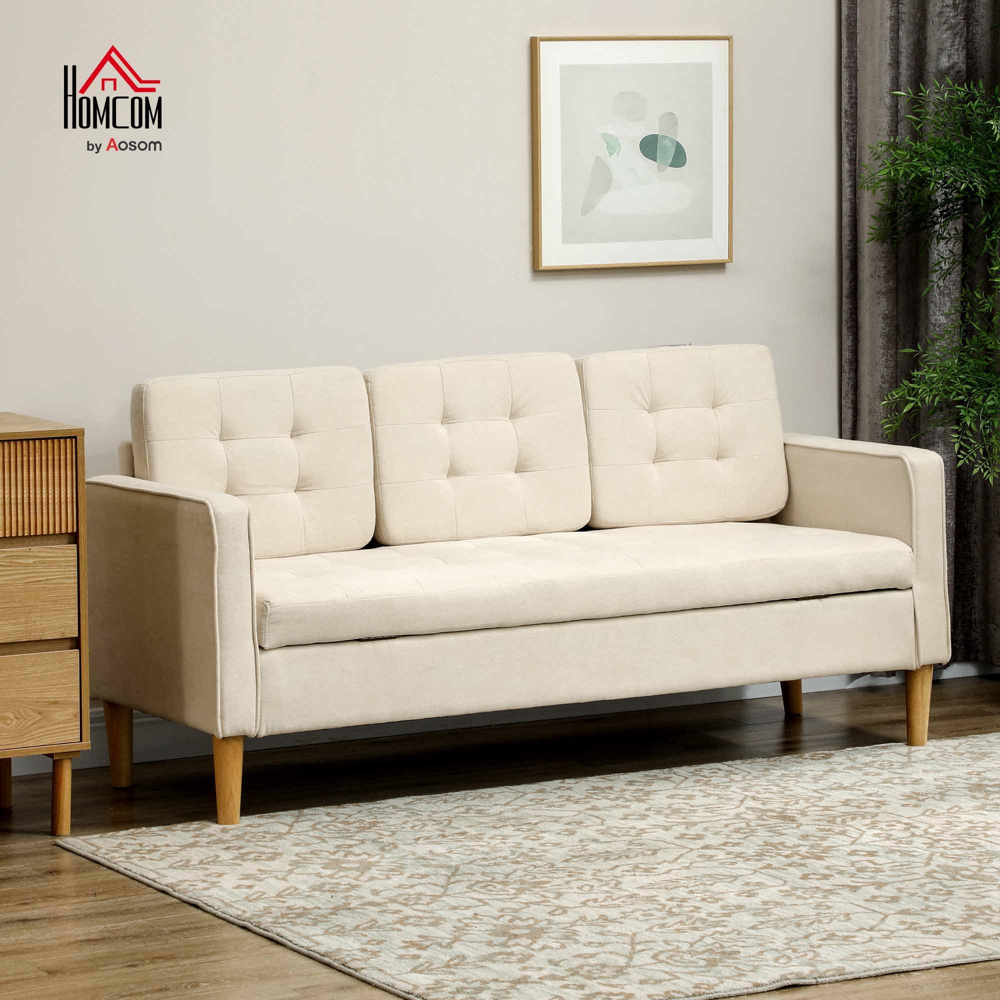 HOMCOM Canapé 3 Places en Flanelle Neige 166,5 cm Rangement Caché Crème