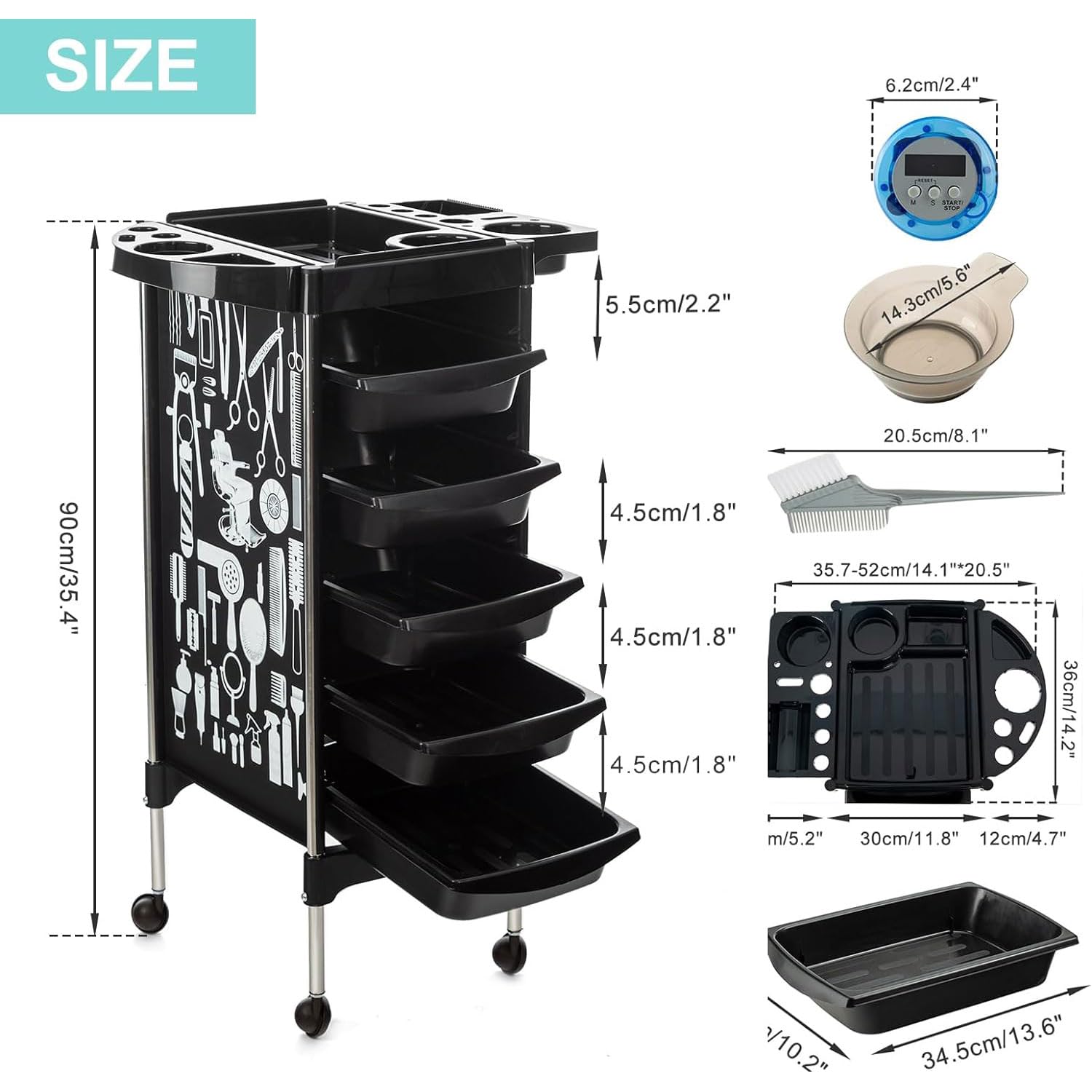 Carrello per estetista con ruote Carrello per salone con 5 cassetti Nero con motivo Carrello per parrucchieri, bellezza, tatuaggi