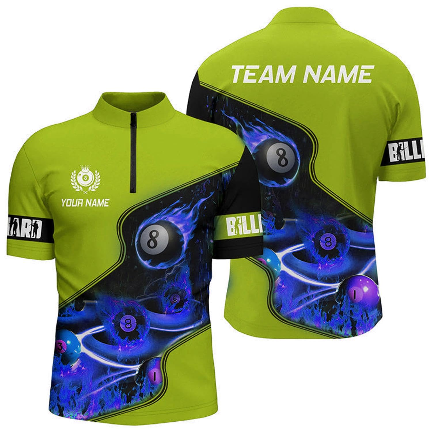 Personalized Master Billiard Balls Flame 3D Men Quarter Zip Shirts Blue Billiard Jerseys T0978