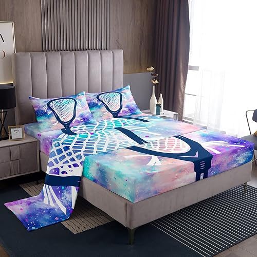 Feelyou Queen Size Lacrosse Sheets for Girls & Boys - 4Pc Watercolor Bed Set wit