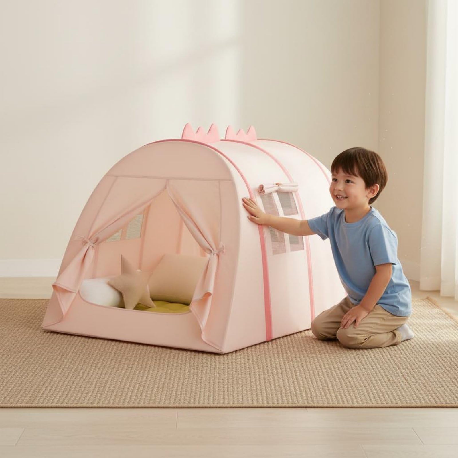 predolo Dinosaurier-Spielzelt faltbar & tragbar aufklappbar Dinosaurier Zelt mit Moskitonetz Dino Themenzelt für Jungen und Mädchen, Kinderzimmer, Garten, Rosa, S