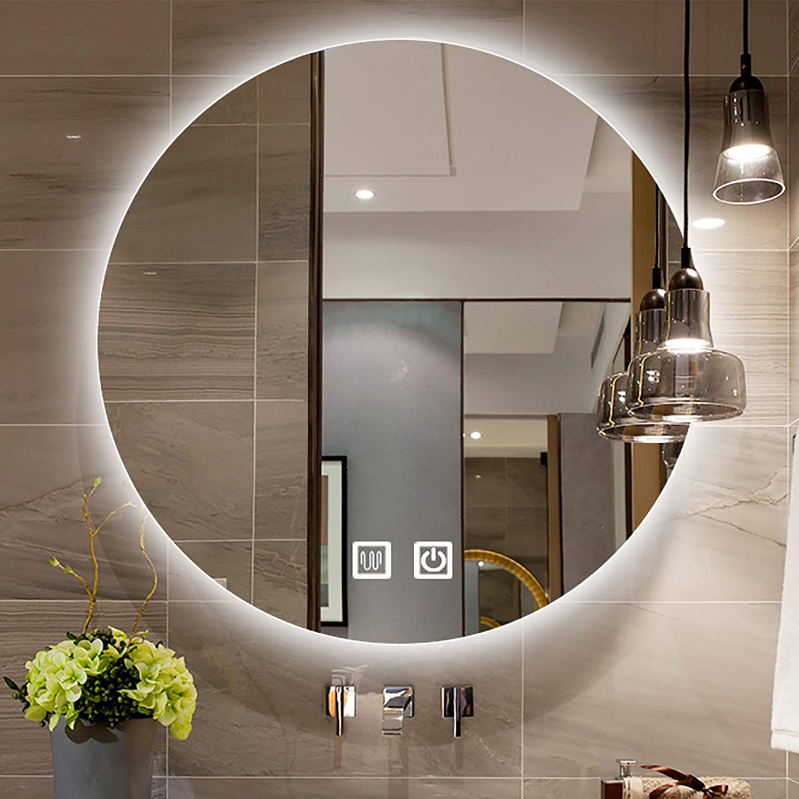Specchio Da Bagno Rotondo LED 61 Cm - Anti-Appannamento, Temperatura Colore Regolabile 3000K-10000K, Dimmerabile, Cornice Bianca, Montaggio A Parete