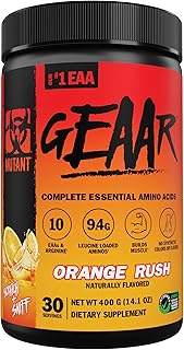 Mutant GEAAR - 9.4g of EAA Powder + Arginine, 7g BCAAs, 4g Leucine, Electrolytes, Coconut Water, No Artificial Colors or Flavors, Delicious Taste - 30 Servings - Orange Rush - 400g