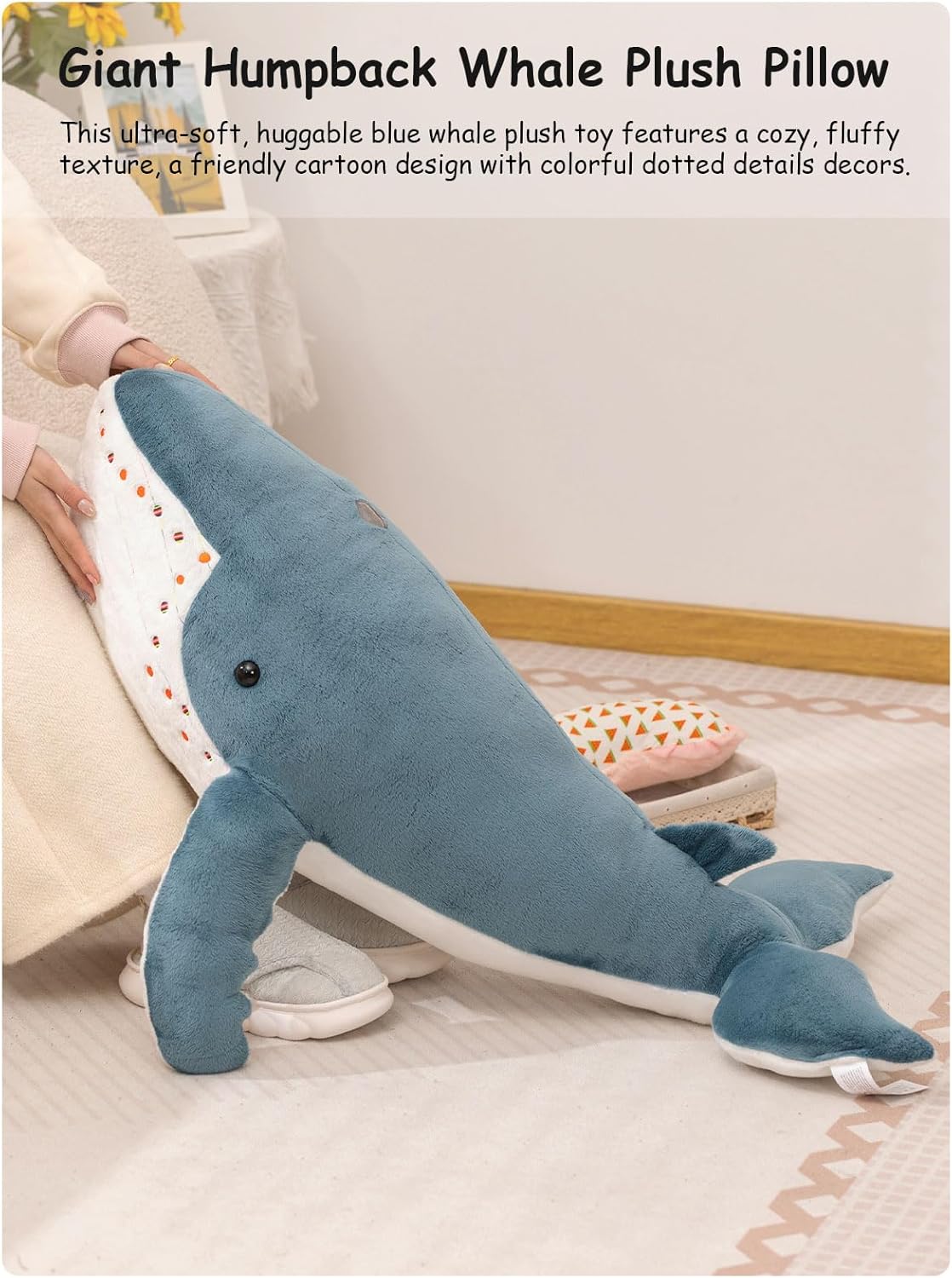 Giant Blue Whale Plush Pillow, 3ft Large Soft Stuffed Whale Body Pillow, Cuddly Humpback Sea Animal Plush Toy, Cute Birthday Gift Decor Plushy Cushion for Boys Girls Kids Teens Adults