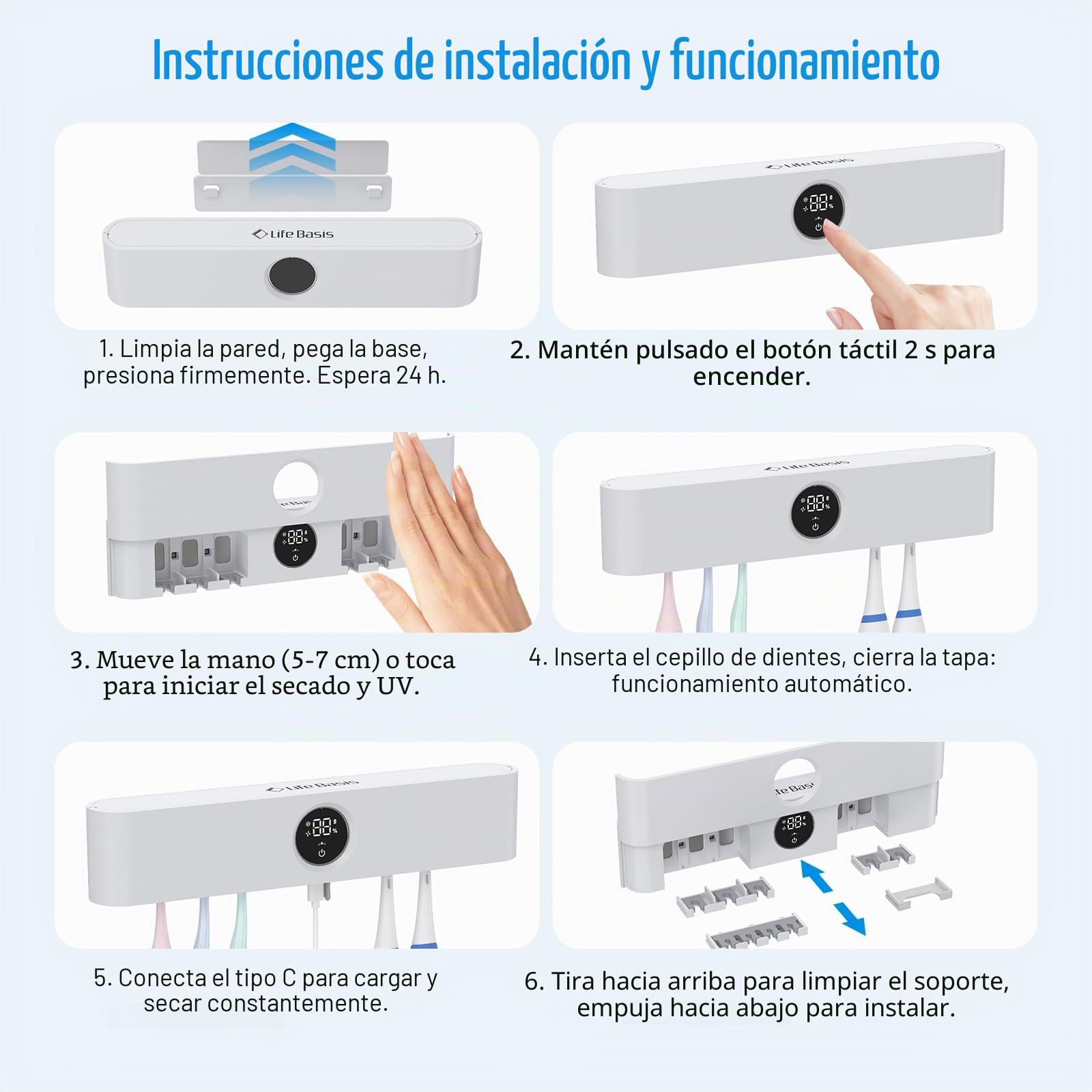 LifeBasis UV-Sanitizer de Cepillos de Dientes con Pantalla LED, Sensor de Infrarrojos, Soporte para Cepillo de Dientes para Desinfección UV y Secado, Cepillo de Dientes Eléctrico de Pared, Recargable