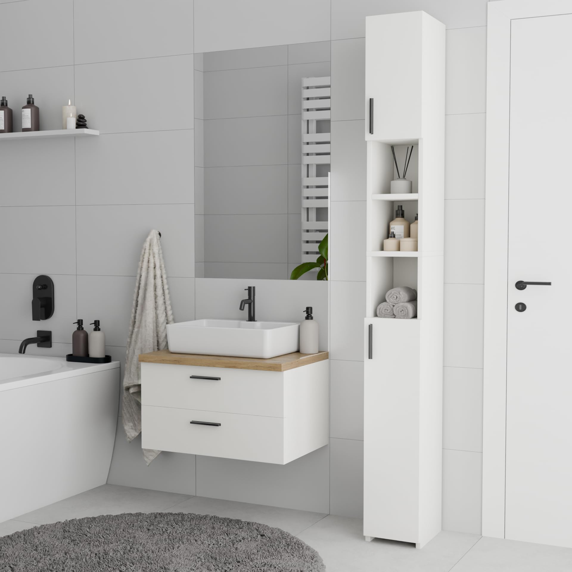 Mueble de Baño Alto y Estrecho, 2 Puertas, Blanco | Mueble Auxiliar de Baño, Estantería Ideal para Salón y Cocina, Columna de Almacenamiento