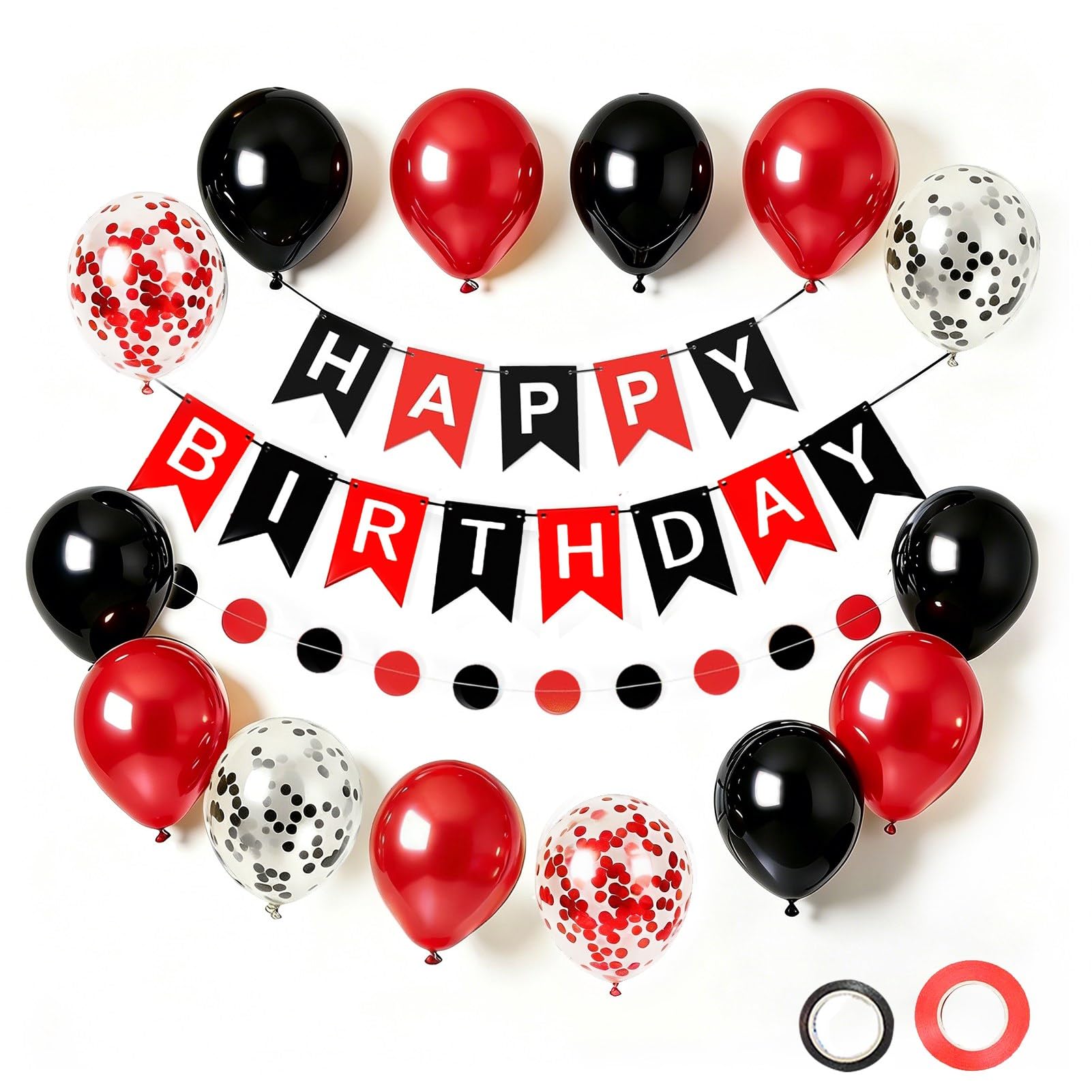 EUFARS Red and Black Birthday Decorations - Black Red Happy Birthday Banner, Balloons, Circle Dots Garland for Women Men