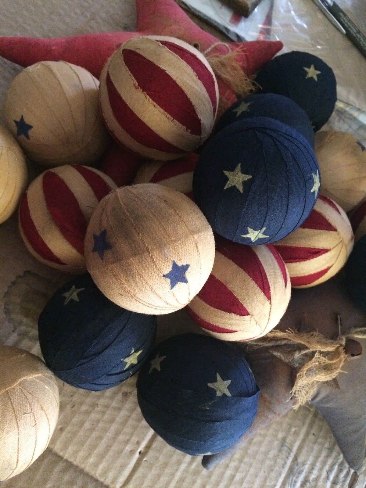6 Americana Homespun Rag Balls Ragball Bowl Filler Farmhouse Patriotic Ornaments for Home, Farmhouse, Kitchen Décor.