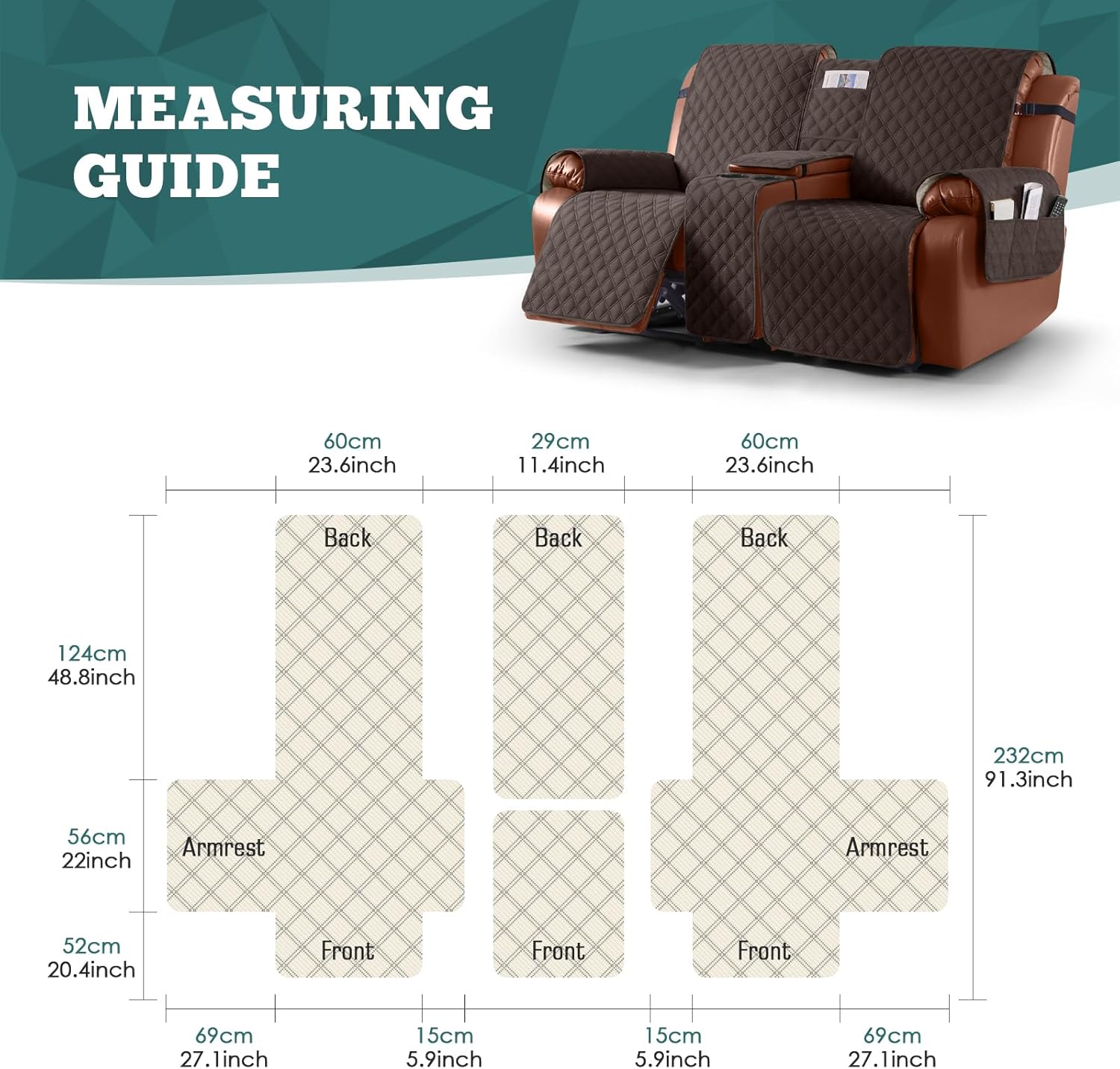 Ruaozz Waterproof Loveseat Recliner Cover with Console Non-Slip Reclining Couch Covers Split Sofa Slipcovers with Elastic Straps for Kids, Dogs, Pets (Chocolate, 2 Seater)