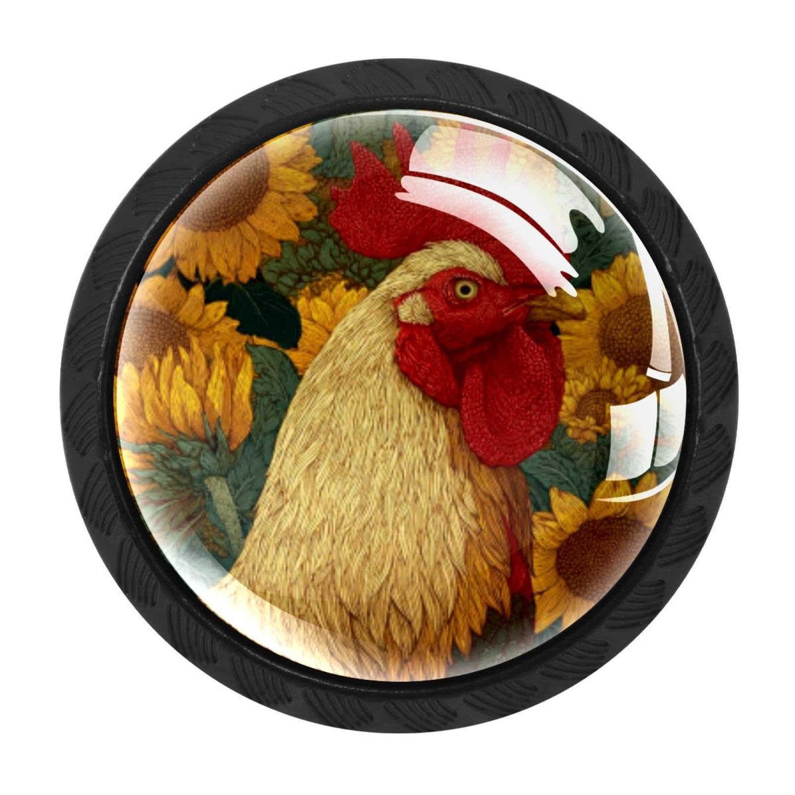 CHENZZZZ 4 Pieces Rooster Sunflowers (2) Drawer Knobs, 35mm Black Kitchen Cabinet Knobs, Drawer Pulls and Knobs, Glass Cabinet Hardware Single Hole Knob for Cabinets and Drawers Round