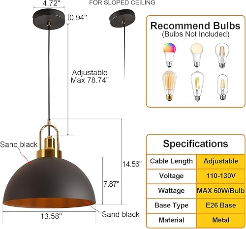 Miniatura 2 de YHANFENGCY Modern Black Pendant Light - 13.58 Inch Diameter - 78.74 Inch Wire Length - Perfect for Kitchen Island, Hallway - Versatile Lighting