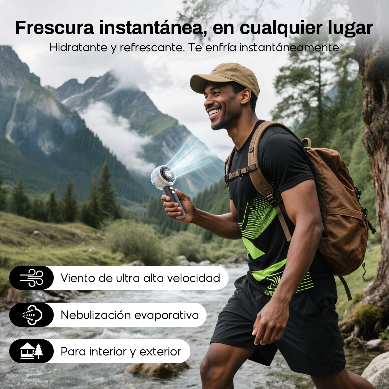 Ventilador Portátil con Nebulizador, Mini Ventilador USB Recargable, Motor Turbo Potente, Batería 6000mAh, 4 Velocidades, para Viajes, Playa y Uso Exterior, Regalo Mujer y Hombre (Negro)