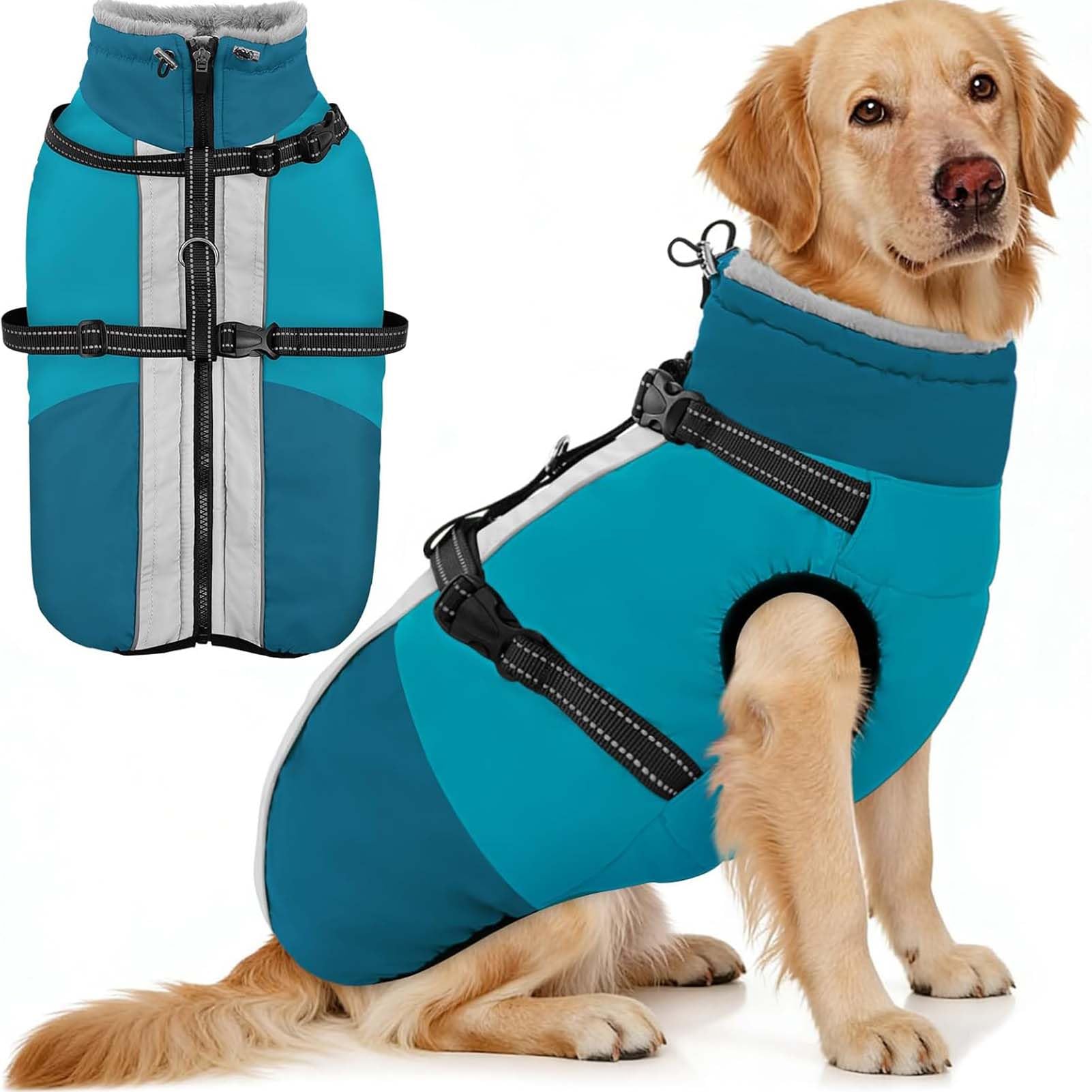 AOFITEE Large Dog Coat with Harness Waterproof Dog Winter Jacket Zip Up