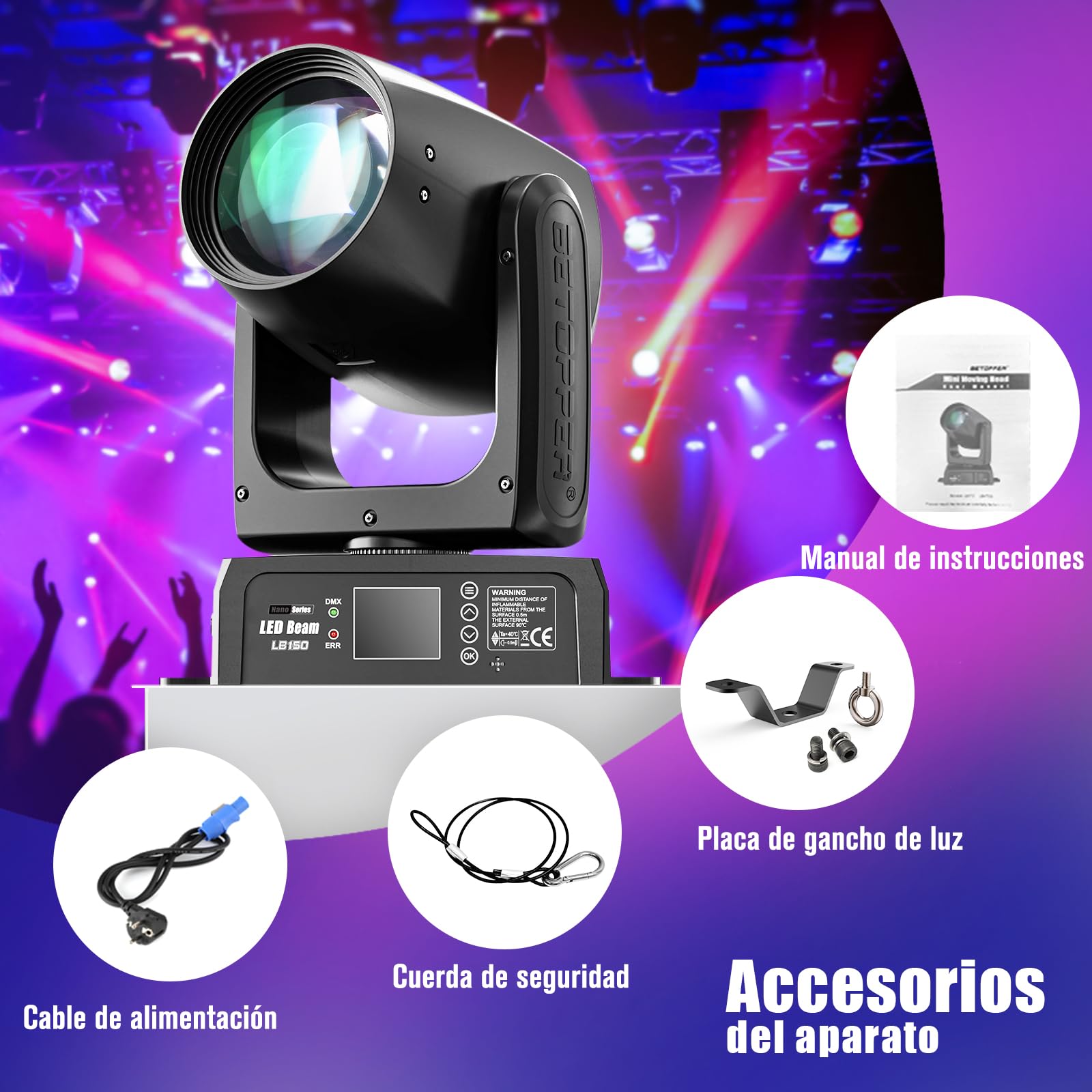 BETOPPER 150W Moving Head DJ Light,BETOPPER Mini LED Stage Light, RGBW Roto Prisma Beam Light, Sound Activated & DMX-512 Control Spotlight for party, bar, club, DJ stage lighting, 1 pack