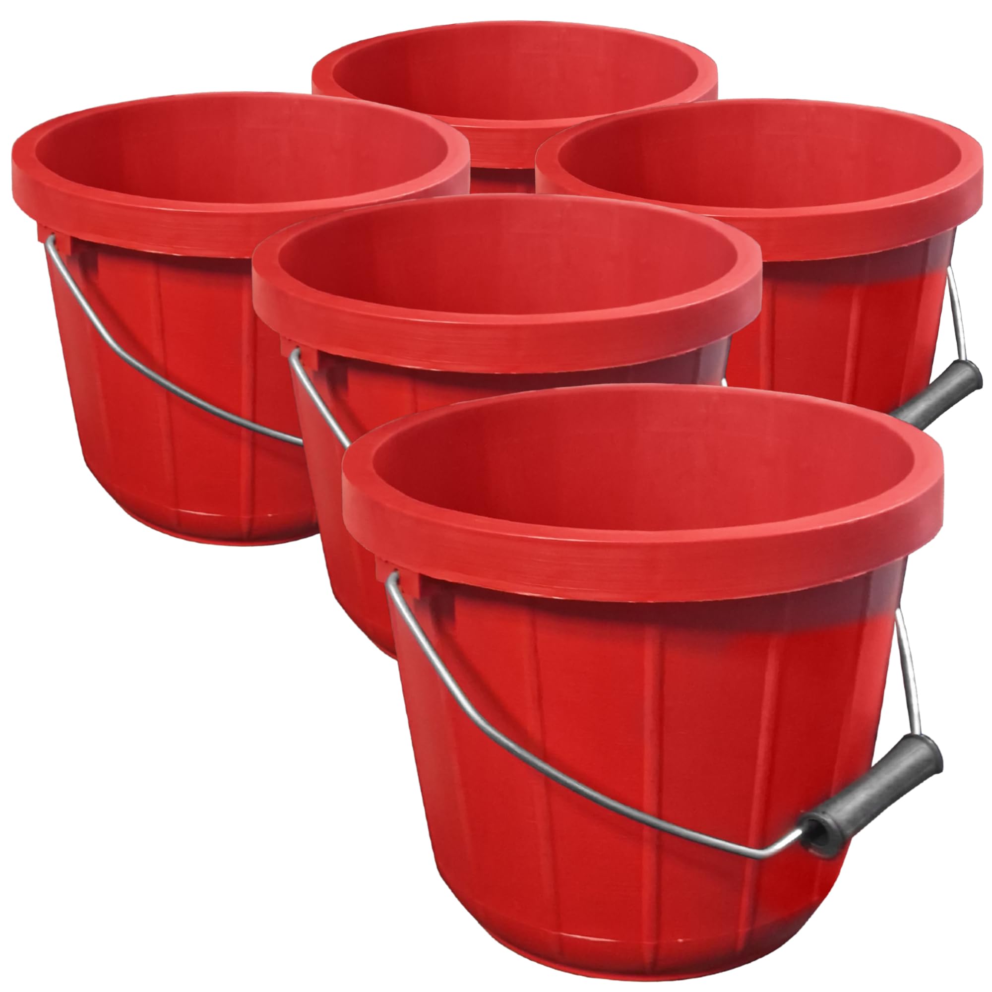Red Plastic Calf Feed Buckets Heavy Duty with Metal Handle - 2 Gallon 10L Bucket 5 Pack