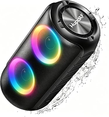 Hupoaf Bluetooth Speaker, 20W Portable Speakers Wireless Bluetooth 5.4 with 3D-Stereo Bass, 52 mm Diameter Dual Speakers IPX7 Waterproof, RGB Lights, Built-in Mic for Home/Party/Beach/Travel/Gift