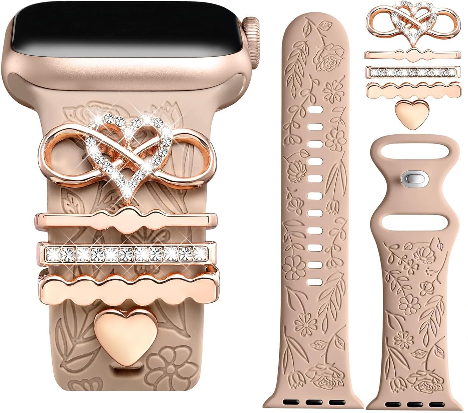 Towonshy Blumengravierte Dekoration Armband Kompatibel mit iWatch 38mm 40mm 41mm 42mm 44mm 45mm 46mm, Weiches Silikon Sport Armband für iWatch SE, Series 11 10 9 8 7 6 5 4 3 2 1 (Enthalten Arm_band)