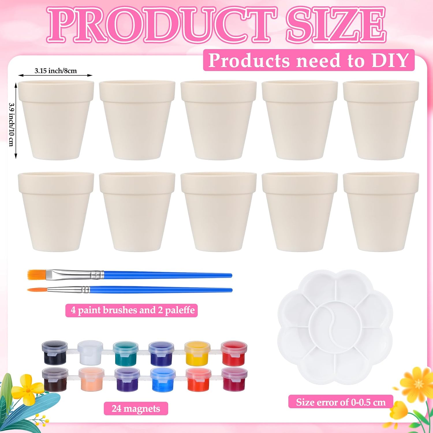 Sieral 12 Set Mother's Day Paintable Ceramic Flower Pot DIY Craft Gift Bulk Small Paint Your Own Succulent Plant Pots with Drainage Hole Plug Paints Brushes Palettes for Thank You Mom Theme Activity