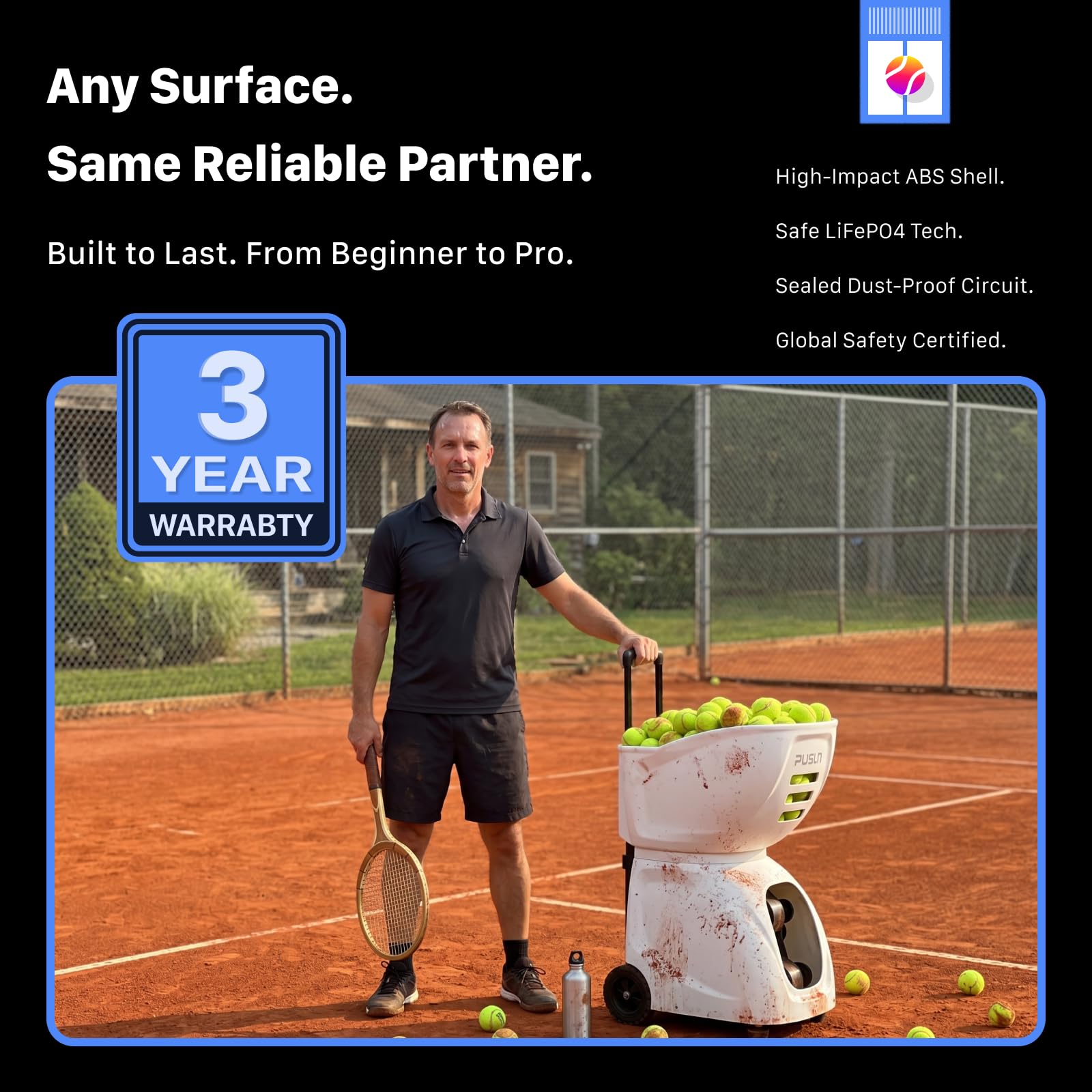 PUSUN PT-MAX C Flaggschiff-Tennis- & Padelball-Maschine: App-Steuerung, 12 Trainingsmodi, interne Oszillation, 87 MPH, 8H Akku, 120-Ball Kapazität, für Tennis & Padel für Profis bis hin zu Trainern
