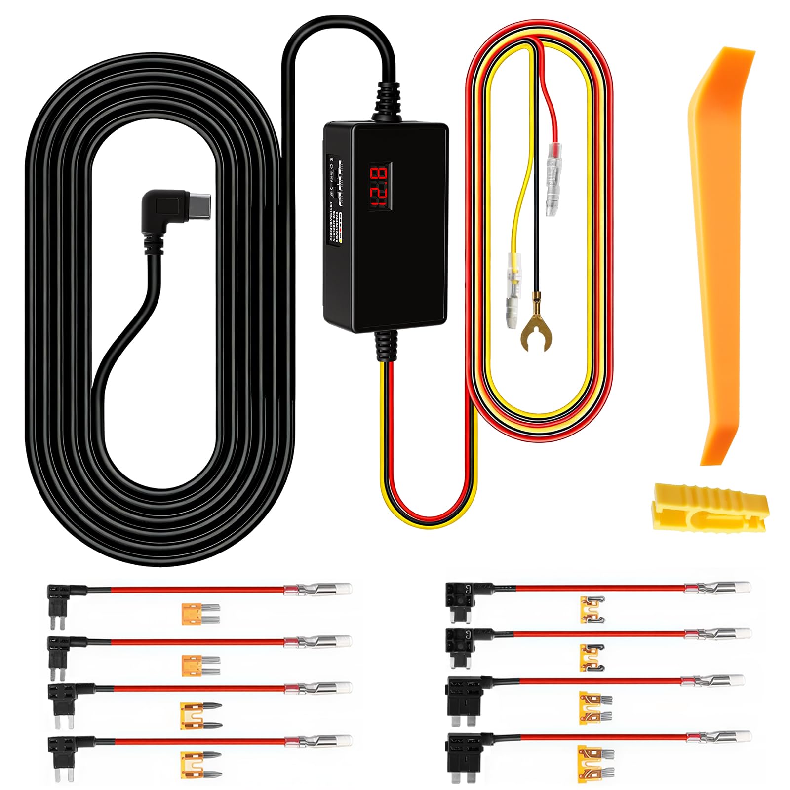 Kit Cablaggio USB-C, Dash Cam Hardwire Kit Regolabile, Protezione Bassa Tensione 3 Livelli, 12V/24V a 5V/3A Auto Cavo di Ricarica Kit di Cablaggio Type-C Monitoraggio Parcheggio 24H Display Voltaggio